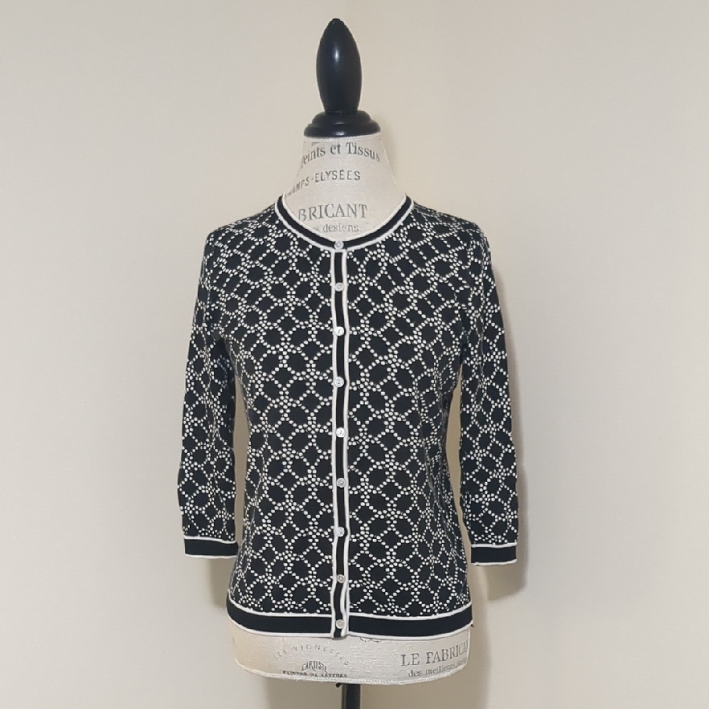 Talbots 3/4 sleeve black and white print button up cardigan